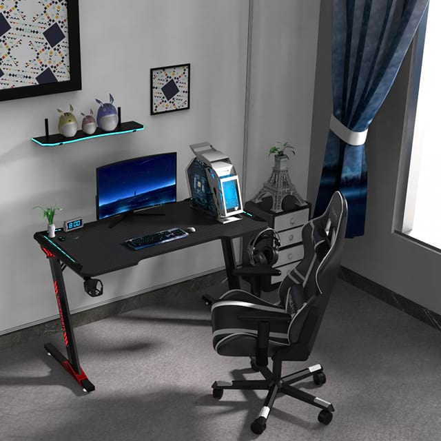 مكتب ألعاب على شكل Office Z مقاس 47 بوصة مع لوحة ماوس وطاولات ألعاب مع حامل أكواب وخطاف سماعة الرأس