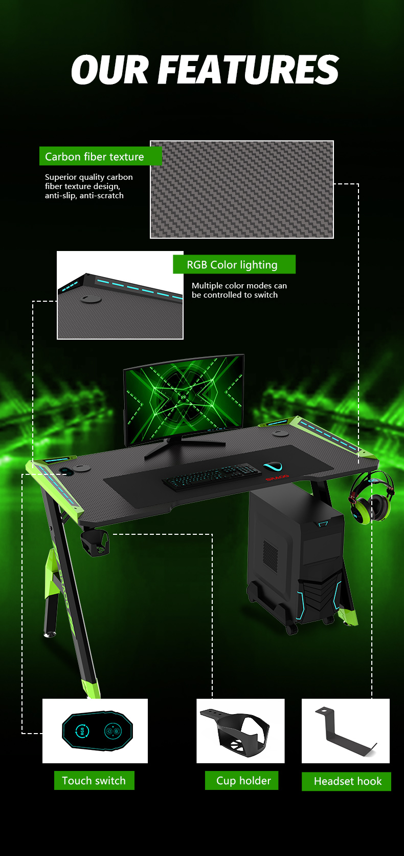 مكتب ألعاب مدمج صديق للبيئة على شكل حرف R مع ضوء RGB